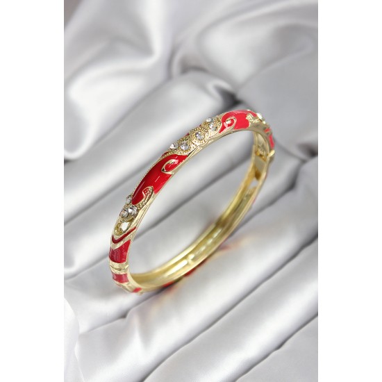 Mineli Pirinç Kırmızı Çiçek Desenli Zirkon Taşlı Gold Renk Kadın Kelepçe - TJ-BB7009