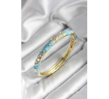 Mineli Pirinç Turkuaz Çiçek Desenli Zirkon Taşlı Gold Renk Kadın Kelepçe - TJ-BB7010