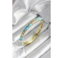 Mineli Pirinç Turkuaz Çiçek Desenli Zirkon Taşlı Gold Renk Kadın Kelepçe - TJ-BB7010