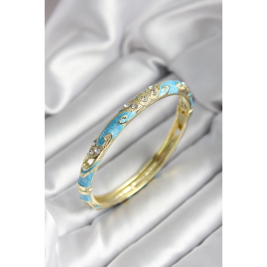 Mineli Pirinç Turkuaz Çiçek Desenli Zirkon Taşlı Gold Renk Kadın Kelepçe - TJ-BB7010