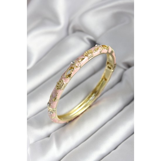 Mineli Pirinç Açık Pembe Kraliçe Taç Desenli Zirkon Taşlı Gold Renk Kadın Kelepçe - TJ-BB7011