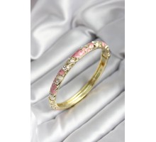 Mineli Pirinç Pembe Çiçek Desenli Zirkon Taşlı Gold Renk Kadın Kelepçe - TJ-BB7013