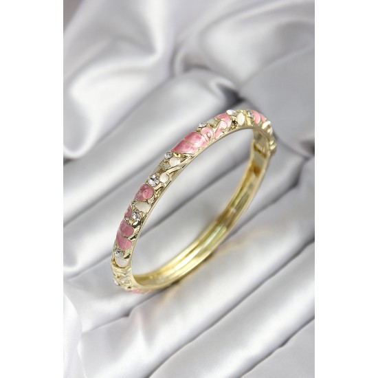 Mineli Pirinç Pembe Çiçek Desenli Zirkon Taşlı Gold Renk Kadın Kelepçe - TJ-BB7013