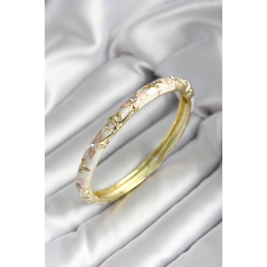 Mineli Pirinç Kırık Beyaz Çiçek Desenli Zirkon Taşlı Gold Renk Kadın Kelepçe - TJ-BB7015