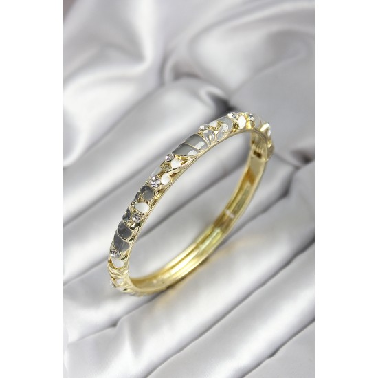 Mineli Pirinç Gri Çiçek Desenli Gold Renk Kadın Kelepçe - TJ-BB7019