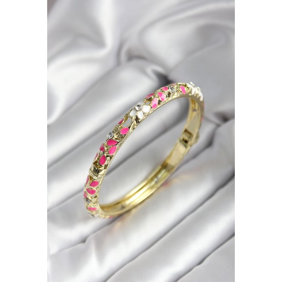 Mineli Pirinç Pembe Çiçek Desenli Gold Renk Kadın Kelepçe - TJ-BB7020