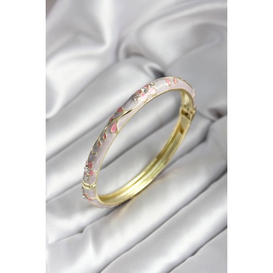 Mineli Pirinç Pembe Çiçek Desenli Gold Renk Kadın Kelepçe - TJ-BB7022