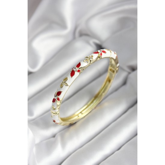 Mineli Pirinç Beyaz Çiçek Desenli Gold Renk Kadın Kelepçe - TJ-BB7023