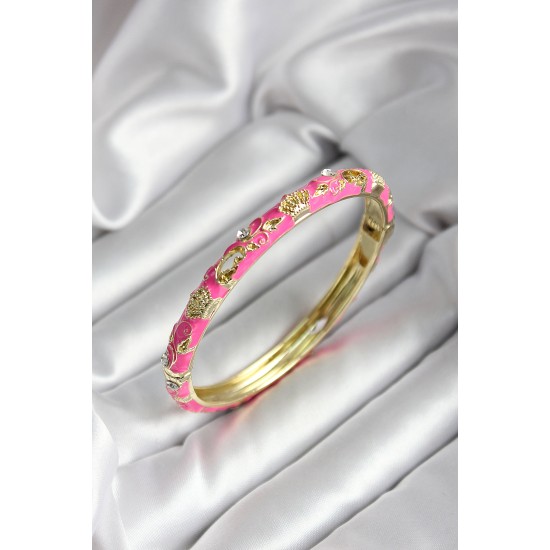 Mineli Pirinç Pembe Çiçek Desenli Gold Renk Kadın Kelepçe - TJ-BB7024