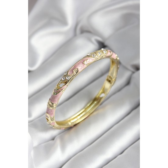 Mineli Pirinç Pembe Çiçek Desenli Gold Renk Kadın Kelepçe - TJ-BB7025