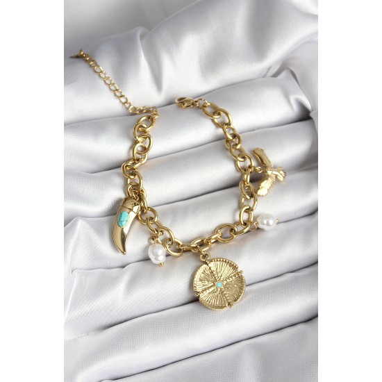 316L Çelik Yonca Fil Dişi ve Kuş Figürlü İnci Detaylı Sallantılı Gold Renk Kadın Bileklik - TJ-BB7031