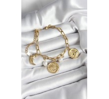 316L Çelik Güneş Ay ve Para Figürlü İnci Detaylı Sallantılı Gold Renk Kadın Bileklik - TJ-BB7032