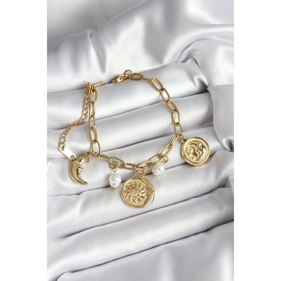316L Çelik Güneş Ay ve Para Figürlü İnci Detaylı Sallantılı Gold Renk Kadın Bileklik - TJ-BB7032