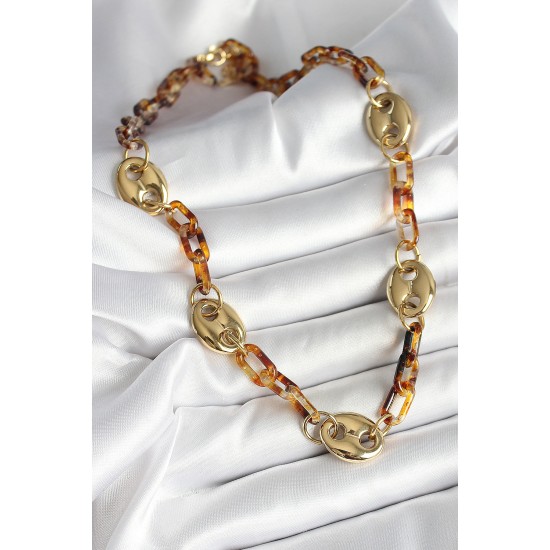 Leopar Desenli Mika Gold Renk Zincir Kadın Kolye - TJ-BKO10237