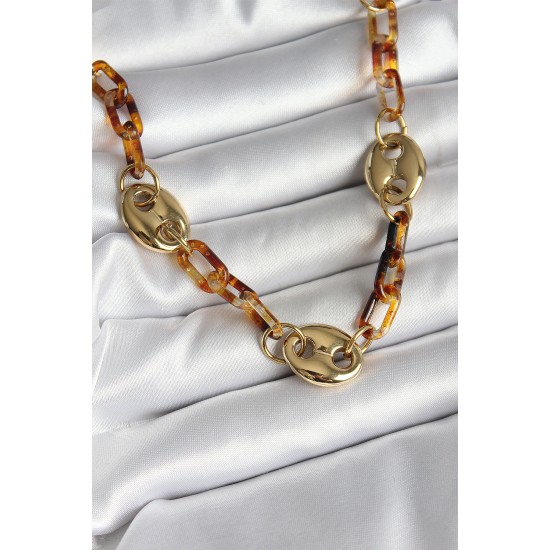 Leopar Desenli Mika Gold Renk Zincir Kadın Kolye - TJ-BKO10237