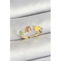 Pirinç Sıralı Kalp Figürlü Zirkon Taşlı Gold Renk Ayarlanabilir Kadın Yüzük TJ-BYK3754