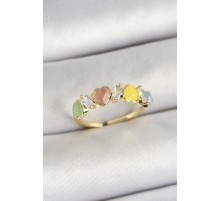 Pirinç Sıralı Kalp Figürlü Zirkon Taşlı Gold Renk Ayarlanabilir Kadın Yüzük - TJ-BYK3754