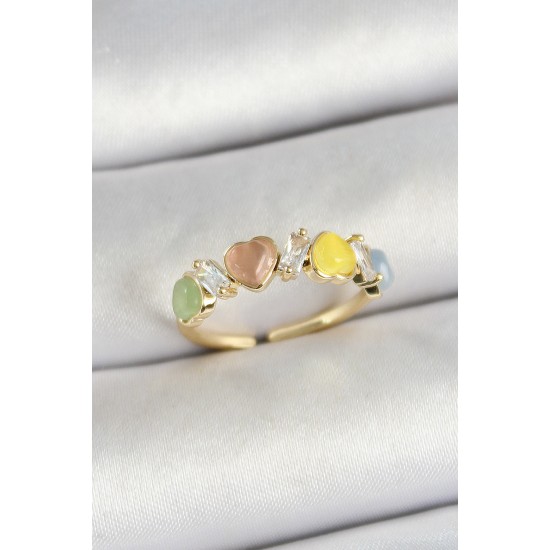 Pirinç Sıralı Kalp Figürlü Zirkon Taşlı Gold Renk Ayarlanabilir Kadın Yüzük - TJ-BYK3754