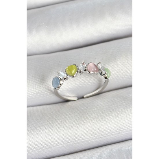 Pirinç Sıralı Kalp Figürlü Zirkon Taşlı Gümüş Renk Ayarlanabilir Kadın Yüzük - TJ-BYK3755