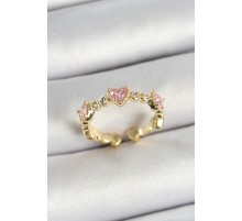 Pirinç Sıralı Kalp Figürlü Zirkon Taşlı Gold Renk Ayarlanabilir Kadın Yüzük - TJ-BYK3756