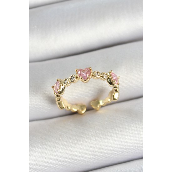 Pirinç Sıralı Kalp Figürlü Zirkon Taşlı Gold Renk Ayarlanabilir Kadın Yüzük - TJ-BYK3756