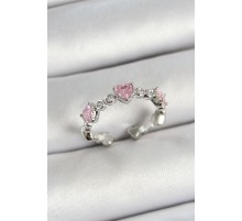 Pirinç Sıralı Kalp Figürlü Zirkon Taşlı Gümüş Renk Ayarlanabilir Kadın Yüzük - TJ-BYK3757