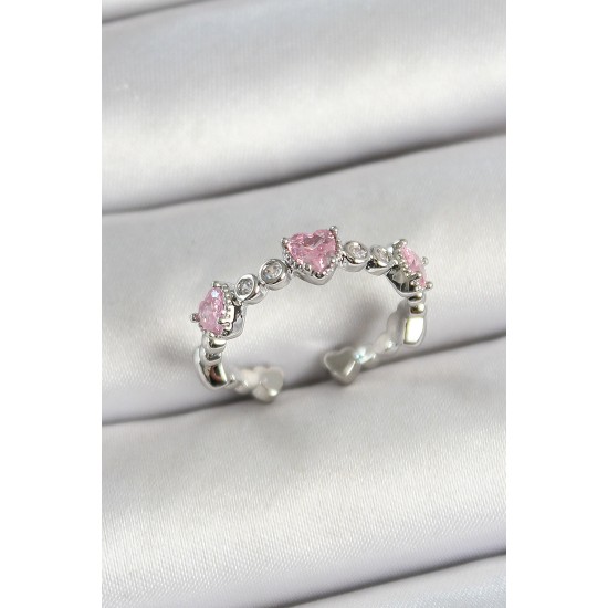 Pirinç Sıralı Kalp Figürlü Zirkon Taşlı Gümüş Renk Ayarlanabilir Kadın Yüzük - TJ-BYK3757