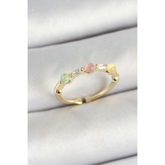 Pirinç Sıralı Boncuk Figürlü Zirkon Taşlı Gold Renk Ayarlanabilir Kadın Yüzük - TJ-BYK3758