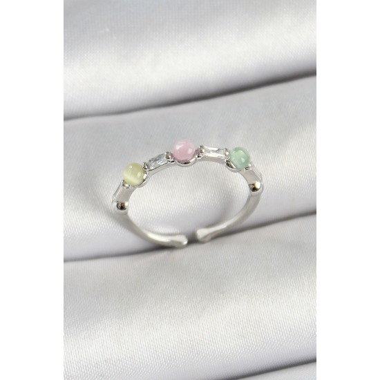 Pirinç Sıralı Boncuk Figürlü Zirkon Taşlı Gümüş Renk Ayarlanabilir Kadın Yüzük - TJ-BYK3759