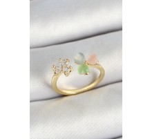 Pirinç Kalp Figürlü Zirkon Taşlı Gold Renk Ayarlanabilir Kadın Yüzük - TJ-BYK3762