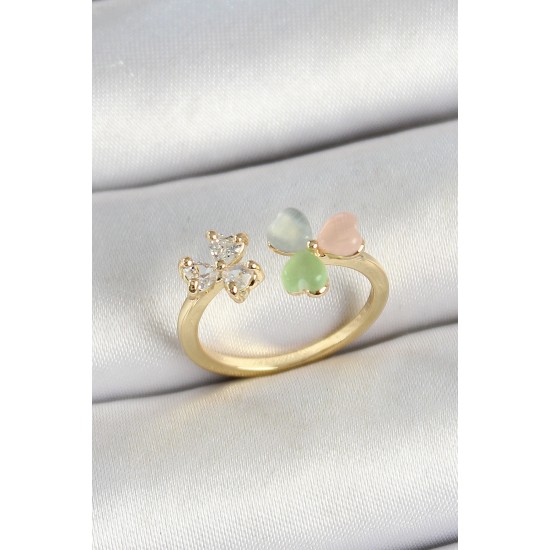 Pirinç Kalp Figürlü Zirkon Taşlı Gold Renk Ayarlanabilir Kadın Yüzük - TJ-BYK3762