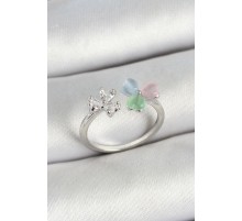 Pirinç Kalp Figürlü Zirkon Taşlı Gümüş Renk Ayarlanabilir Kadın Yüzük - TJ-BYK3763