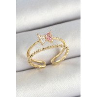 Pirinç Kelebek Figürlü Zirkon Taşlı Gold Renk Ayarlanabilir Kadın Yüzük TJ-BYK3766