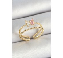 Pirinç Kelebek Figürlü Zirkon Taşlı Gold Renk Ayarlanabilir Kadın Yüzük - TJ-BYK3766