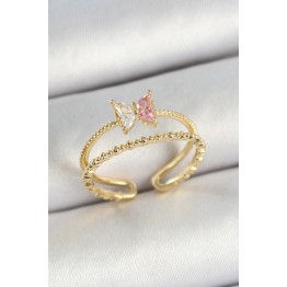 Pirinç Kelebek Figürlü Zirkon Taşlı Gold Renk Ayarlanabilir Kadın Yüzük TJ-BYK3766