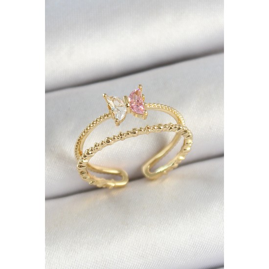 Pirinç Kelebek Figürlü Zirkon Taşlı Gold Renk Ayarlanabilir Kadın Yüzük - TJ-BYK3766