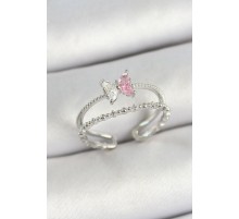 Pirinç Kelebek Figürlü Zirkon Taşlı Gümüş Renk Ayarlanabilir Kadın Yüzük - TJ-BYK3767