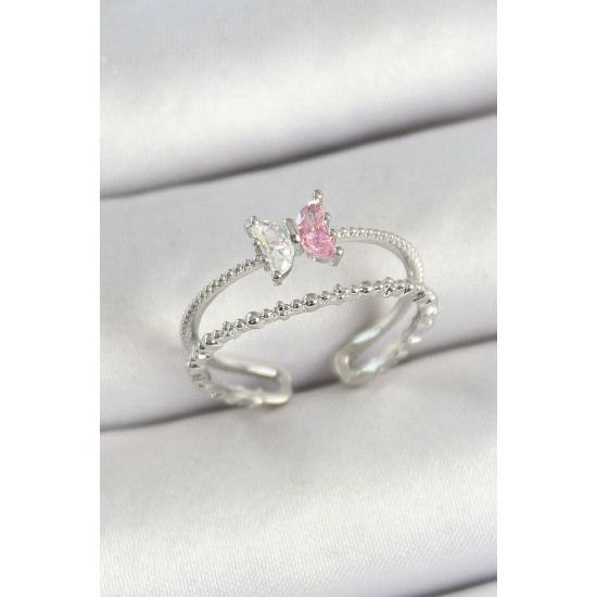 Pirinç Kelebek Figürlü Zirkon Taşlı Gümüş Renk Ayarlanabilir Kadın Yüzük - TJ-BYK3767