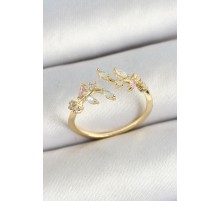 Pirinç Yaprak Figürlü Zirkon Taşlı Gold Renk Ayarlanabilir Kadın Yüzük - TJ-BYK3768
