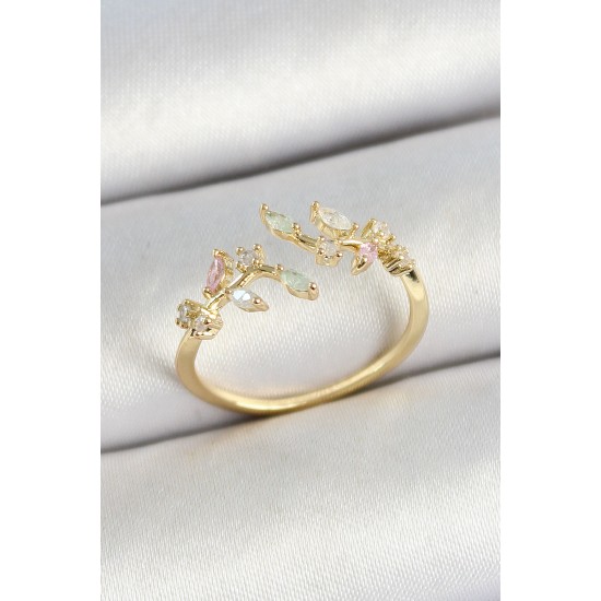 Pirinç Yaprak Figürlü Zirkon Taşlı Gold Renk Ayarlanabilir Kadın Yüzük - TJ-BYK3768