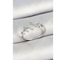 Pirinç Yaprak Figürlü Zirkon Taşlı Gümüş Renk Ayarlanabilir Kadın Yüzük - TJ-BYK3769