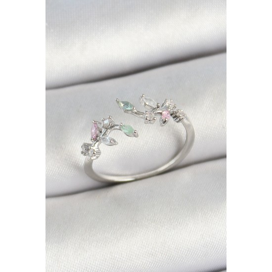 Pirinç Yaprak Figürlü Zirkon Taşlı Gümüş Renk Ayarlanabilir Kadın Yüzük - TJ-BYK3769