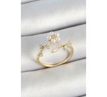 Pirinç İnci Detaylı Papatya Figürlü Zirkon Taşlı Gold Renk Ayarlanabilir Kadın Yüzük - TJ-BYK3770