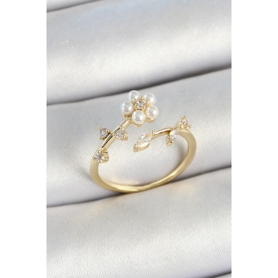 Pirinç İnci Detaylı Papatya Figürlü Zirkon Taşlı Gold Renk Ayarlanabilir Kadın Yüzük - TJ-BYK3770