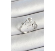 Pirinç İnci Detaylı Papatya Figürlü Zirkon Taşlı Gümüş Renk Ayarlanabilir Kadın Yüzük - TJ-BYK3771