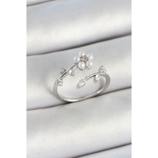 Pirinç İnci Detaylı Papatya Figürlü Zirkon Taşlı Gümüş Renk Ayarlanabilir Kadın Yüzük - TJ-BYK3771