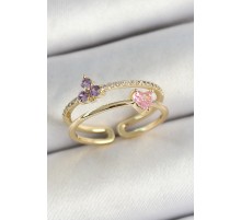Pirinç Kalp Ve Çiçek Figürlü Zirkon Taşlı Gold Renk Ayarlanabilir Kadın Yüzük - TJ-BYK3774
