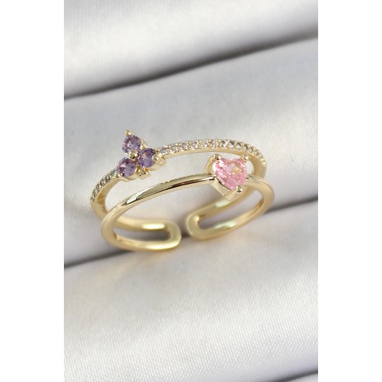 Pirinç Kalp Ve Çiçek Figürlü Zirkon Taşlı Gold Renk Ayarlanabilir Kadın Yüzük - TJ-BYK3774