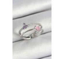 Pirinç Kalp Ve Çiçek Figürlü Zirkon Taşlı Gümüş Renk Ayarlanabilir Kadın Yüzük - TJ-BYK3775