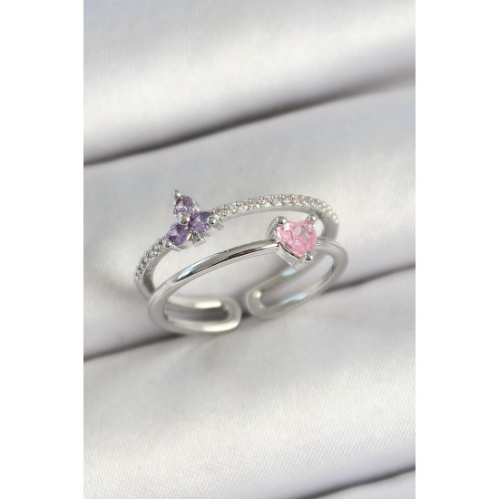 Pirinç Kalp Ve Çiçek Figürlü Zirkon Taşlı Gümüş Renk Ayarlanabilir Kadın Yüzük - TJ-BYK3775
